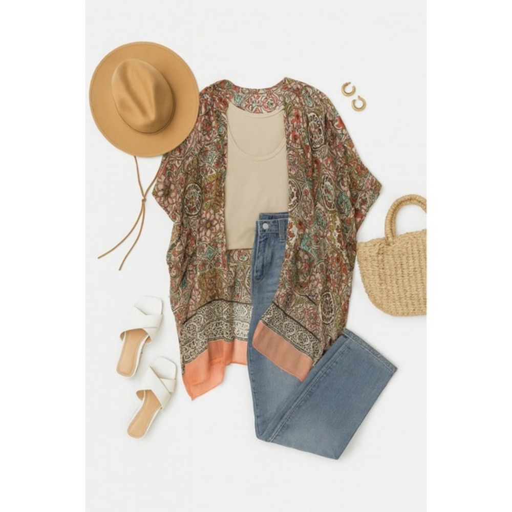 Kimono‎ Open Front Floral Print Lightweight Cover Up Bohemian Style